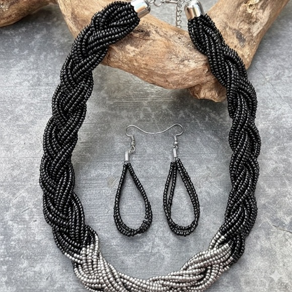 Statement Bicolor Braided Necklace & Earrings Set | Timeless Elegance - Picture 2 of 9